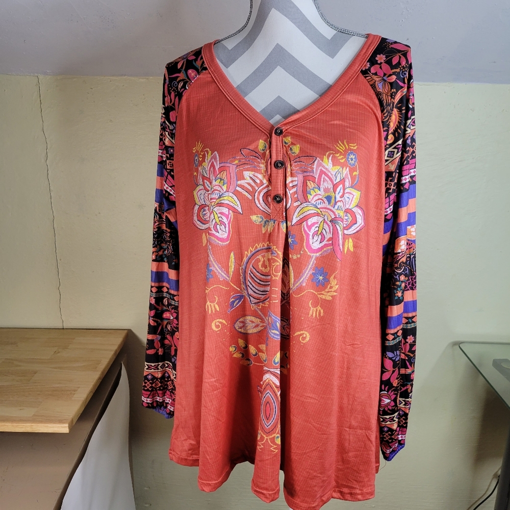 Womans Unbranded Cotton Poly blend Long Sleeve Fun Print Coral/Blue/Black S 3X